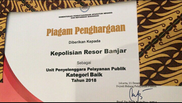 Berkat Kerja Keras dan Komitmen Yang Kuat Polres Banjar Kembali Raih Penghargaan dari Kemenpan RB