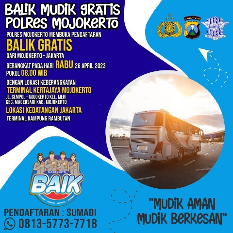 Layanan Balik Mudik Gratis ke Jakarta Diberikan Polres Mojokerto