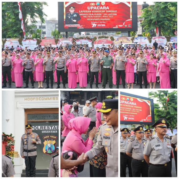 Kapolrestabes Surabaya Mengingatkan Peningkatan Kemampuan dan Tanggung Jawab Dalam Melayani Masyarakat, saat Memimpin Penyematan Kenaikan Pangkat sejumlah 141 Anggota 