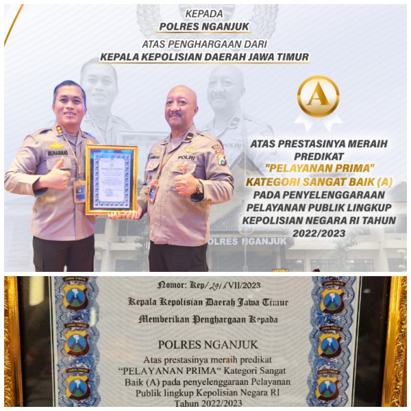 Polres Nganjuk Terima Penghargaan Pelayanan Publik Lingkup Polri Tahun 2023 Tingkat Polda Jatim