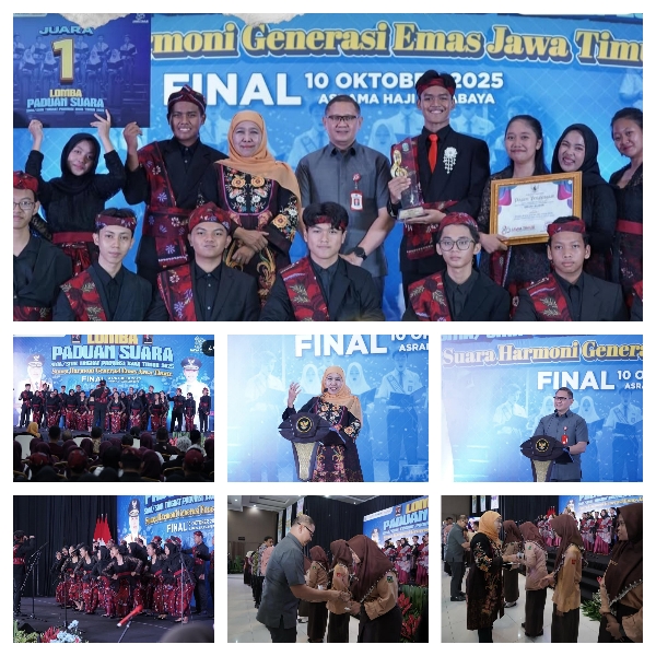 Kepala Dinas Pendidikan Provinsi Jawa Timur Mendampingi Gubernur Jawa Timur saat Memberikan Apresiasi Kepada Para Juara Lomba Paduan Suara Dalam Rangka Hari Jadi Ke-80 Provinsi Jawa Timur