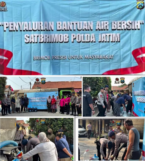 Kompi 4 Batalyon A Pelopor Satbrimob Polda Jatim Bersama Bhayangkari Menyalurkan Bantuan Air Bersih 10 Ribu Liter Untuk Warga yang Membutuhkan
